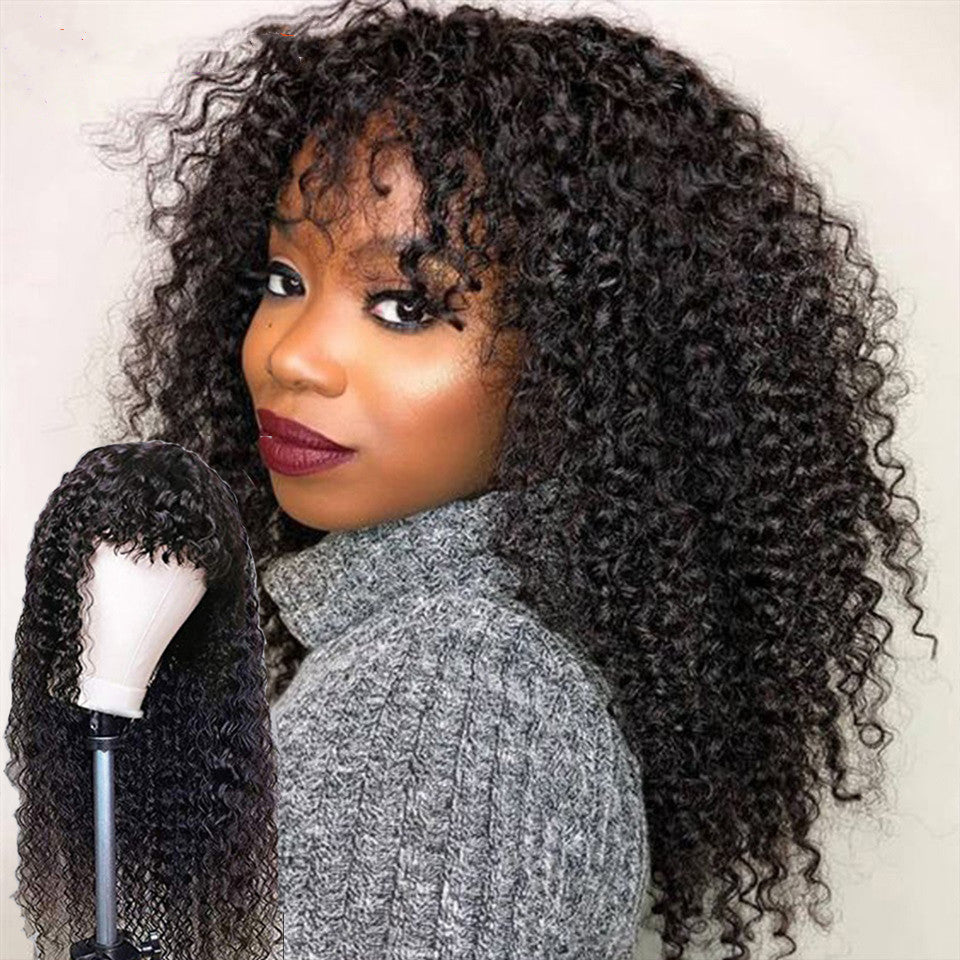 Long Curly Hair Wig with Bangs - Black