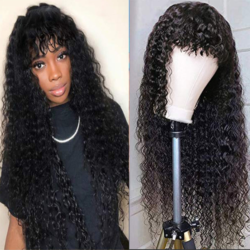 Brazil Water Wave Human Hair Wigs with Bangs - Curved Headgear, Multiple Lengths & Colors