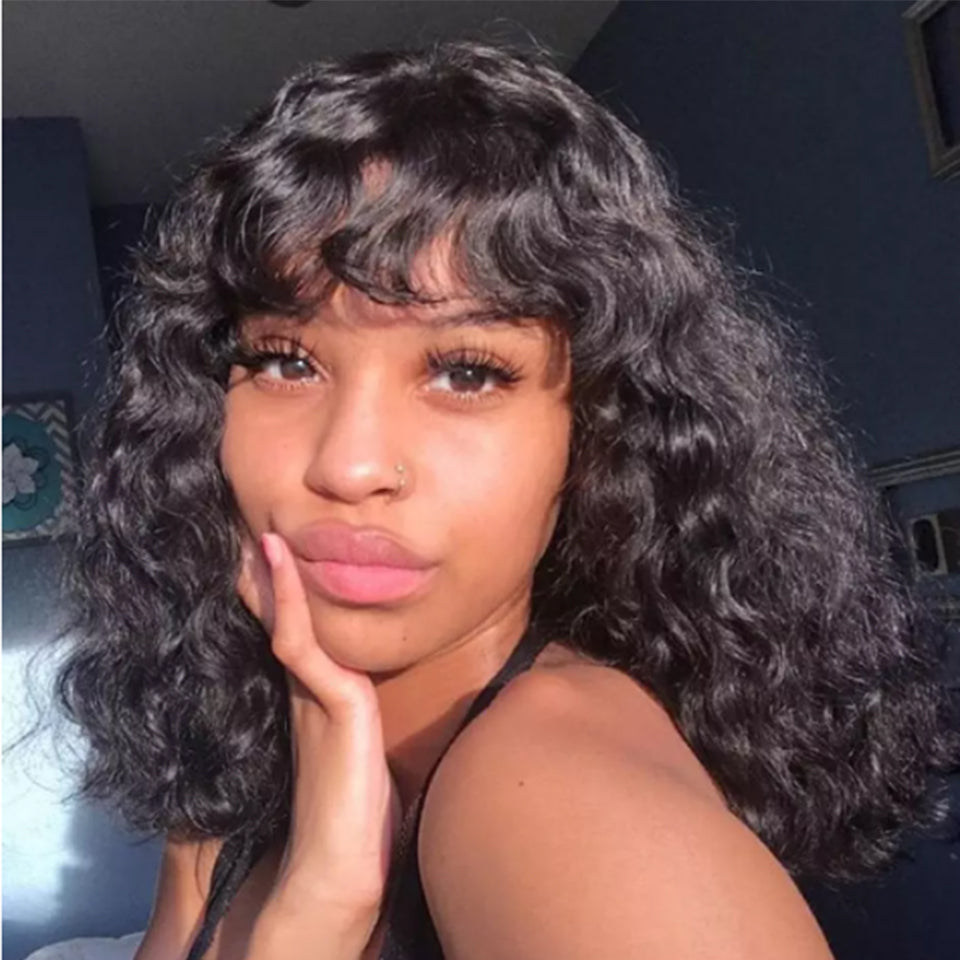 Brazil Water Wave Human Hair Wigs with Bangs - Curved Headgear, Multiple Lengths & Colors