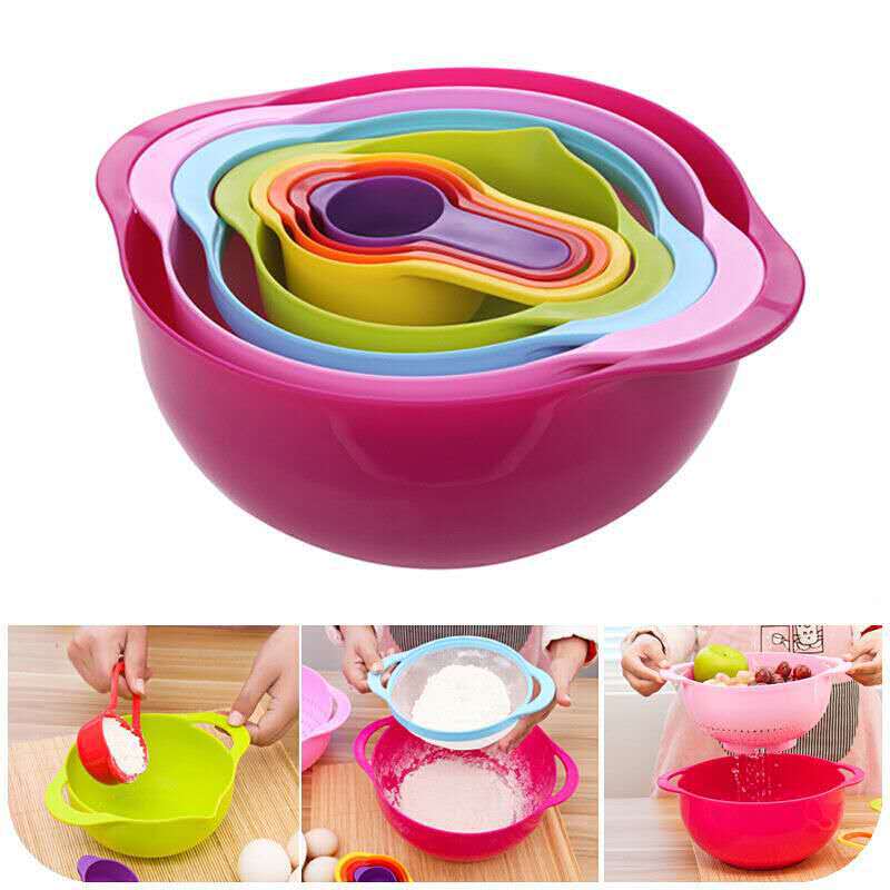 Rainbow Salad Plastic Bowl Set with Measuring Cups & Spoons - 8 Pieces