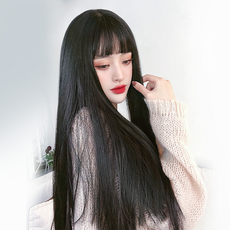 Long Straight Synthetic Hair Wig - Korean Style Bangs Black