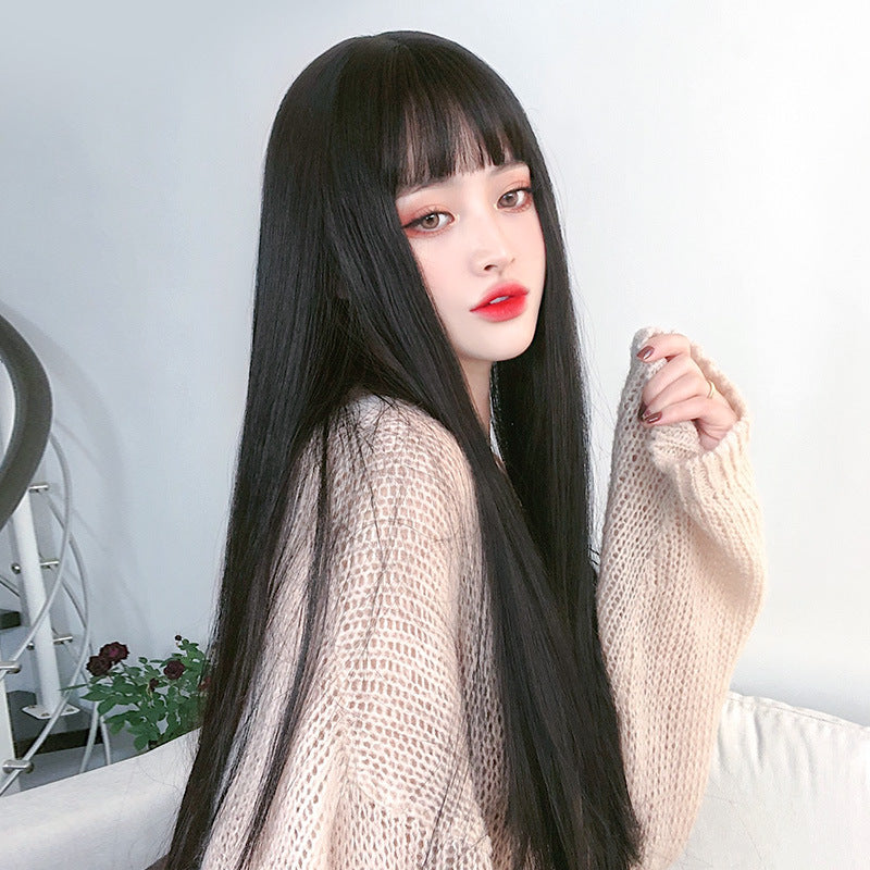 Long Straight Synthetic Hair Wig - Korean Style Bangs Black