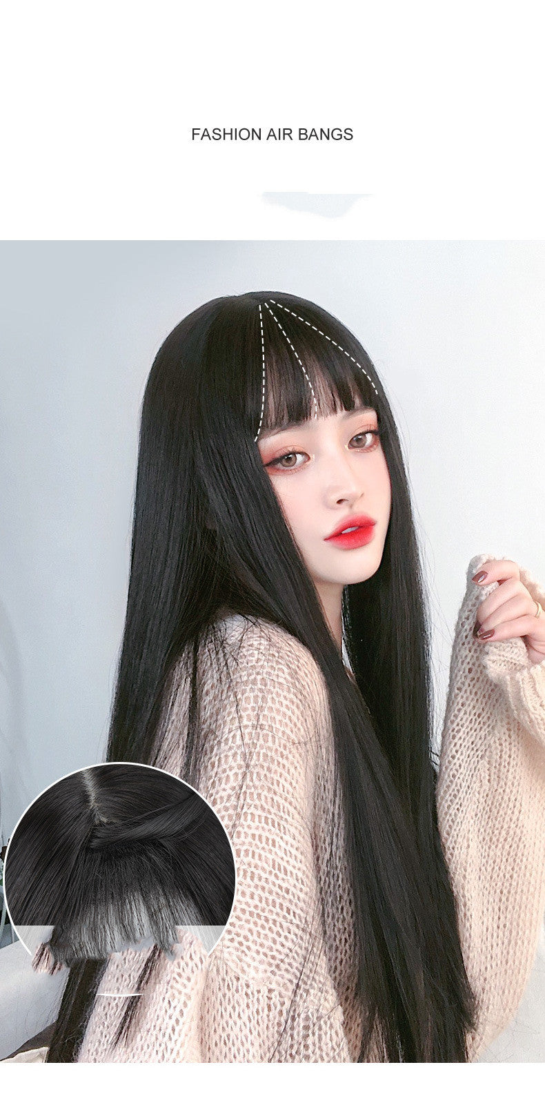 Long Straight Synthetic Hair Wig - Korean Style Bangs Black