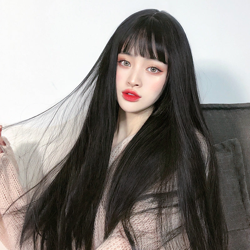 Long Straight Synthetic Hair Wig - Korean Style Bangs Black