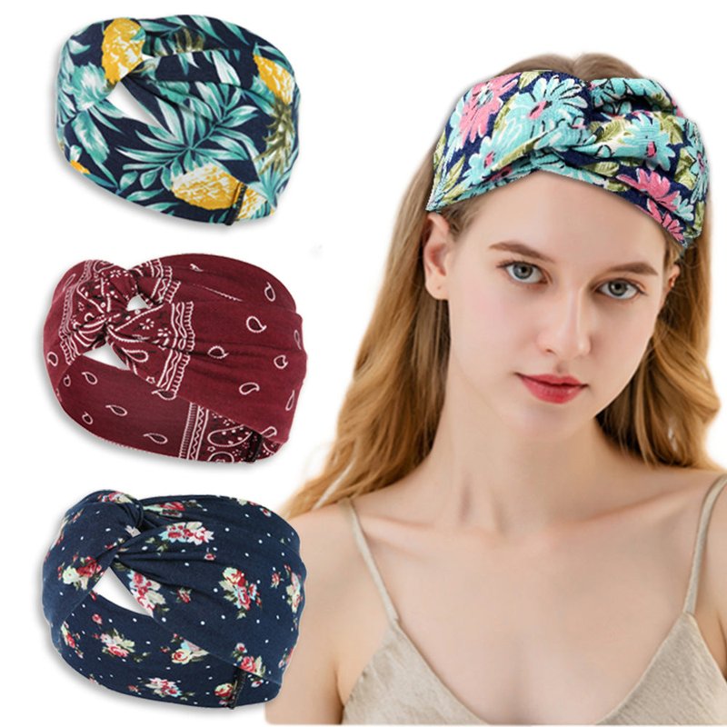 Women's Printed Knitted Wide-Brimmed Cross Headband - Floral Plaid Style