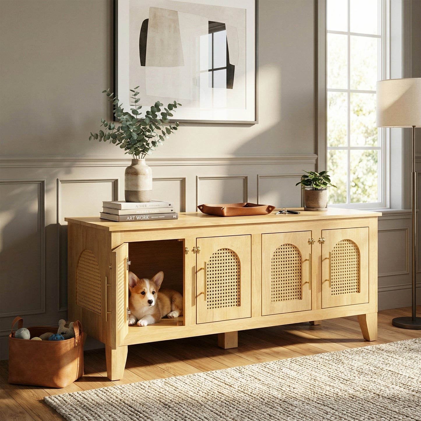 Lars Indoor Rattan Decorated Rubber Wood Dog Crate Cabinet -Stylish