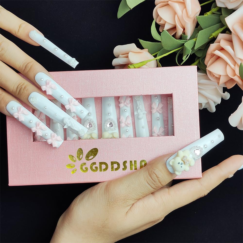 Long White Press-On Nails with 3D Bear, Rose, and Bow Design - Size M