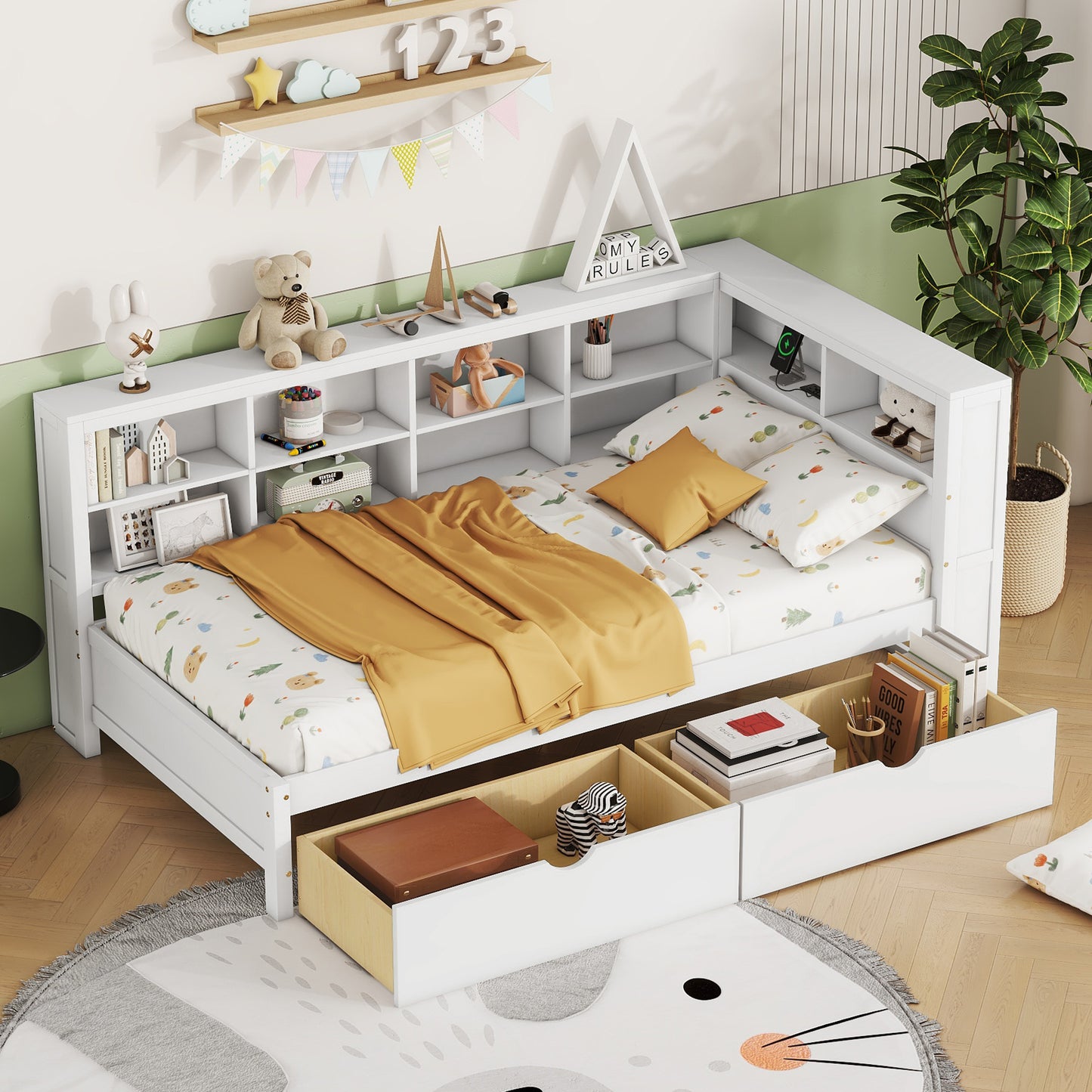 Wooden Twin Size Daybed with Storage Drawers & USB Ports - White