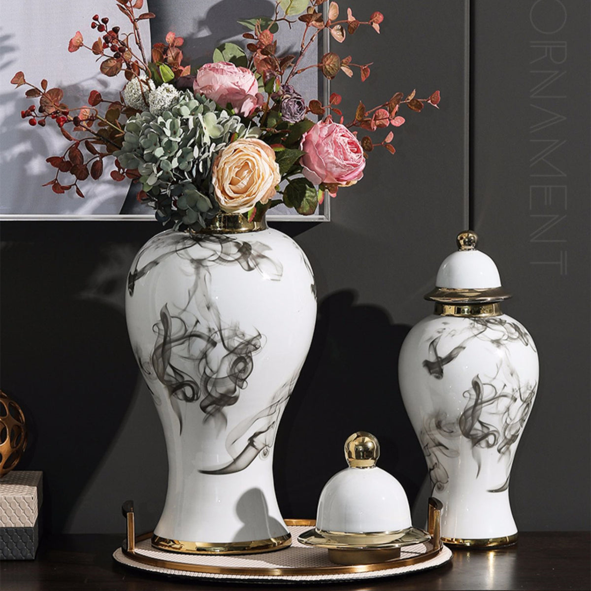 Ceramic Plant Pot with Ink Painting Design - Chinese Style Home Decor, Multiple Sizes