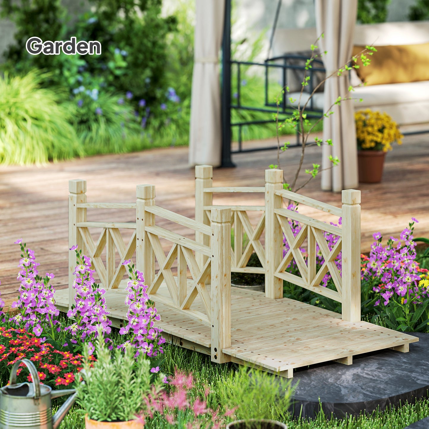 5 Ft Wooden Garden Bridge with Side Rails - Nature Wood