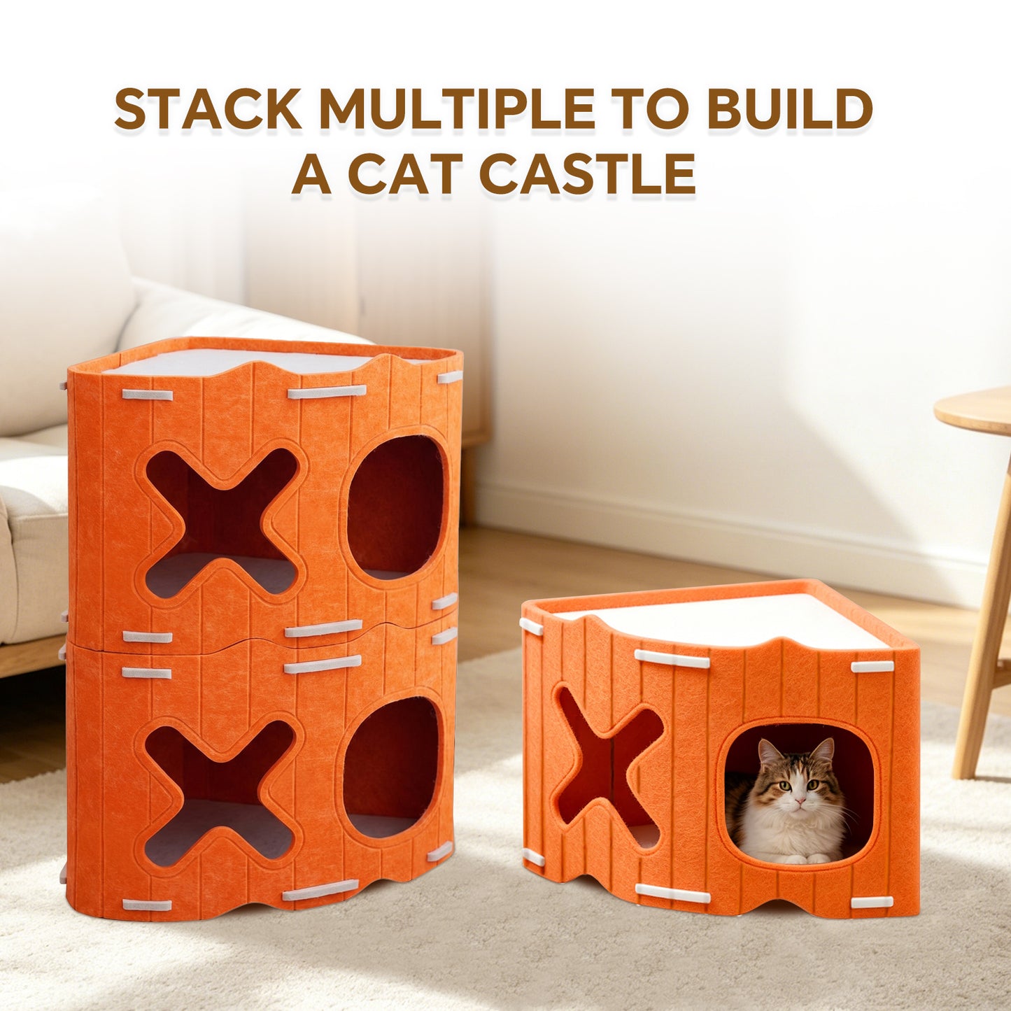 Modular Stackable Felt Cat House with Detachable Cave - Indoor Pet Shelter