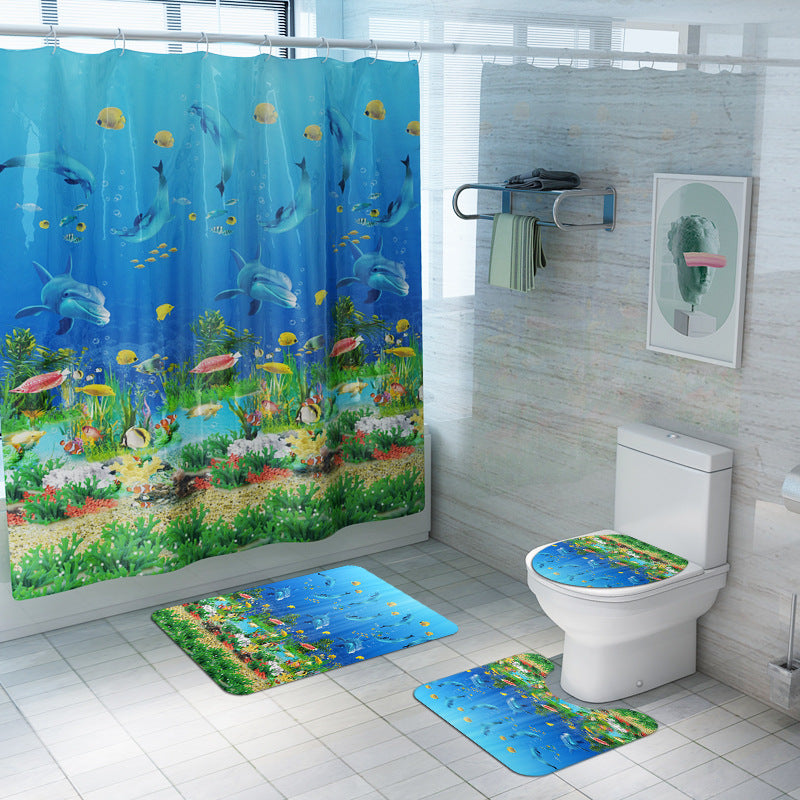 Waterproof Polyester Bathroom Floor Mat and Shower Curtain Set - Non Slip Toilet Seat Cover & Bath Rug