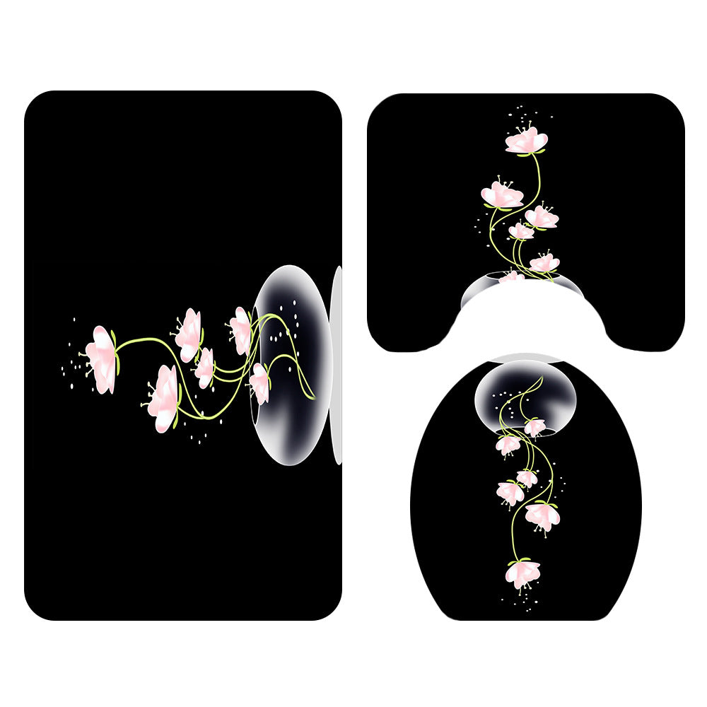 Waterproof Polyester Bathroom Floor Mat and Shower Curtain Set - Non Slip Toilet Seat Cover & Bath Rug