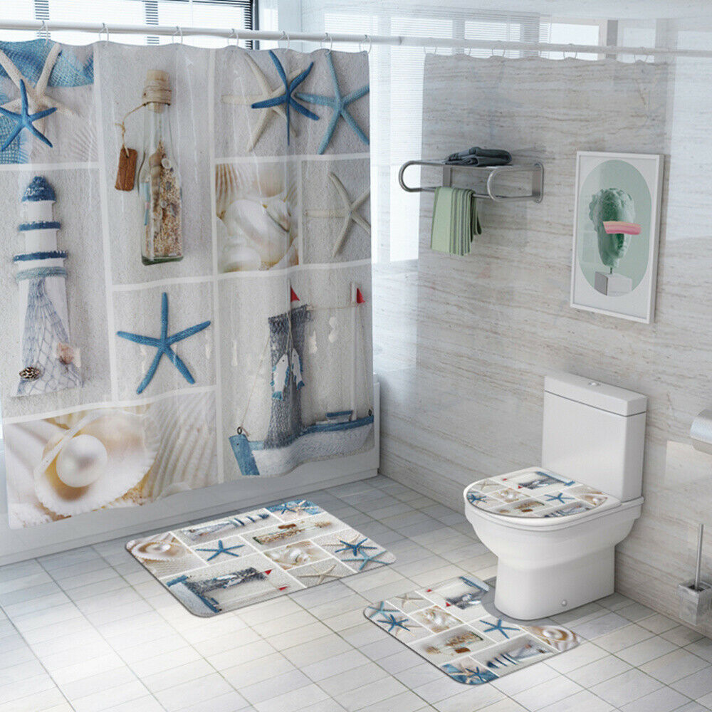 Waterproof Polyester Bathroom Floor Mat and Shower Curtain Set - Non Slip Toilet Seat Cover & Bath Rug