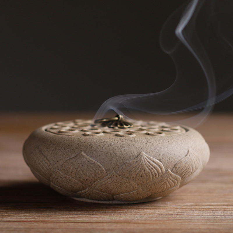 Ceramic Incense Burner with Purple Sand Lotus Design - Home Fragrance Decor