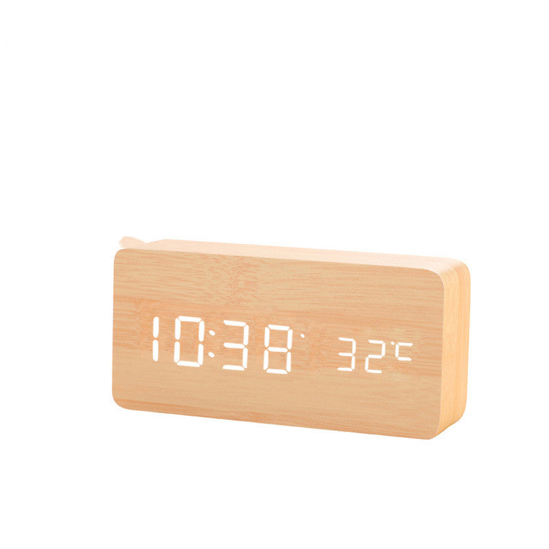 Digital LED Wooden Alarm Clock with Temperature Display - Battery or USB Powered