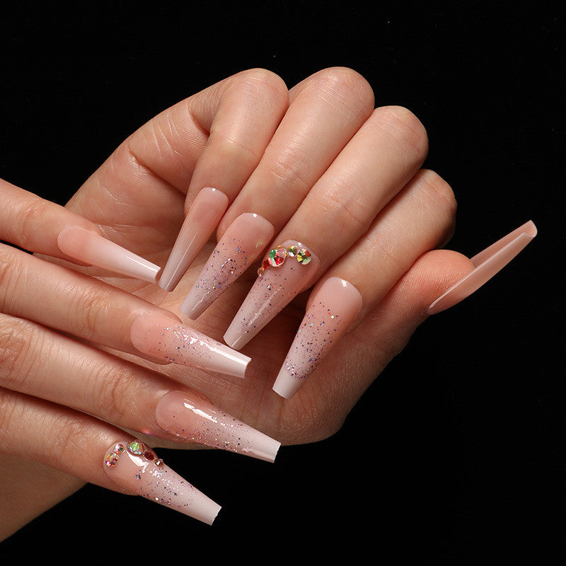 Gradient Fake Nail Set with Diamond Powder | Manicure Nail Art Tips
