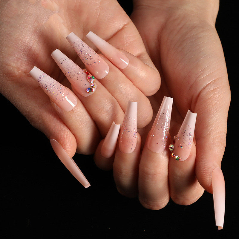 Gradient Fake Nail Set with Diamond Powder | Manicure Nail Art Tips