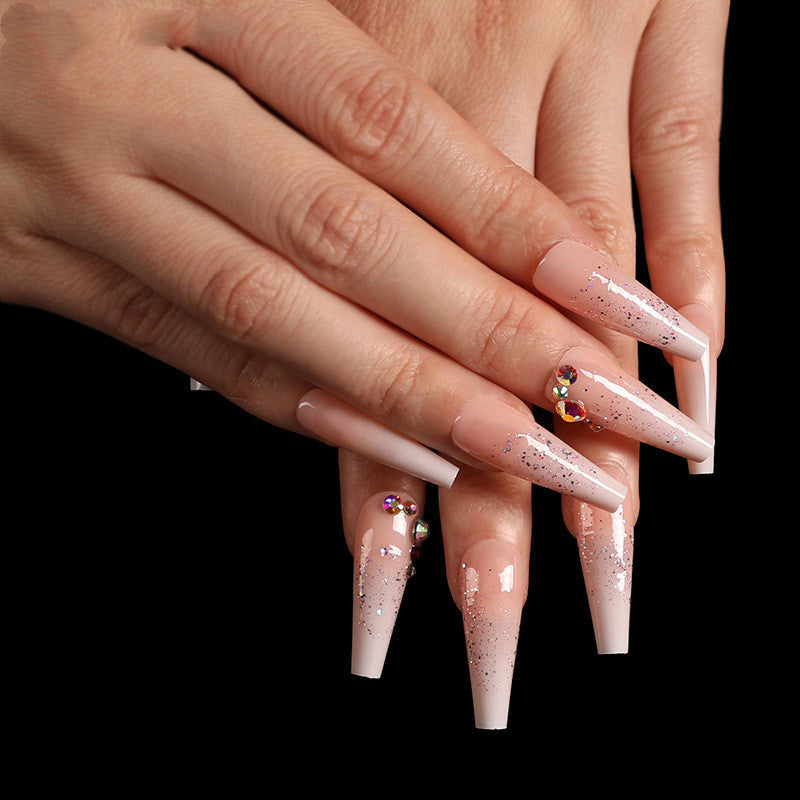 Gradient Fake Nail Set with Diamond Powder | Manicure Nail Art Tips