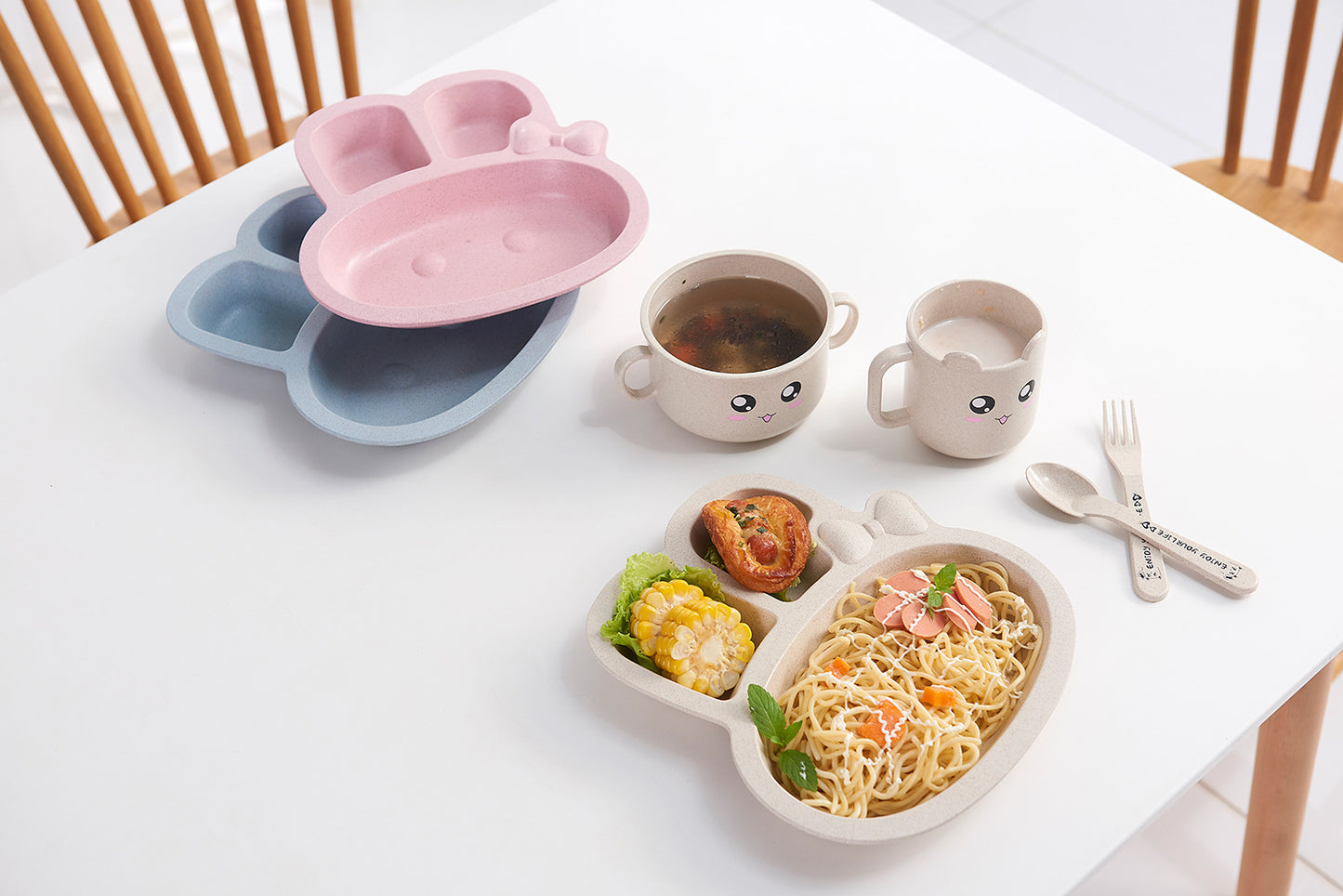 Children's Cartoon Bunny Wheat Straw Fall-Resistant Dinnerware Set - Safe & Eco-Friendly