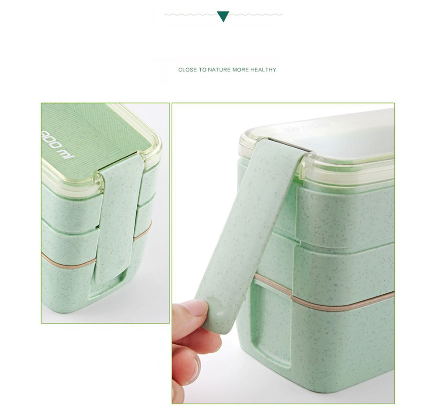 Square Double-Layer Wheat Straw Fiber Lunch Box - 3 Compartments, 900ml
