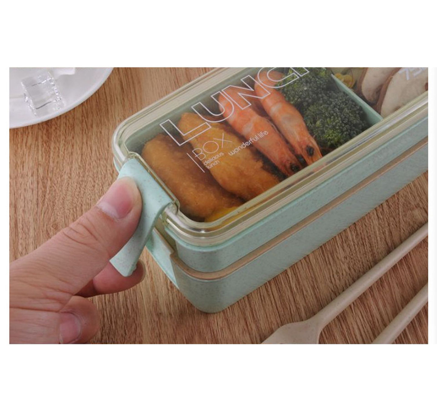 Square Double-Layer Wheat Straw Fiber Lunch Box - 3 Compartments, 900ml