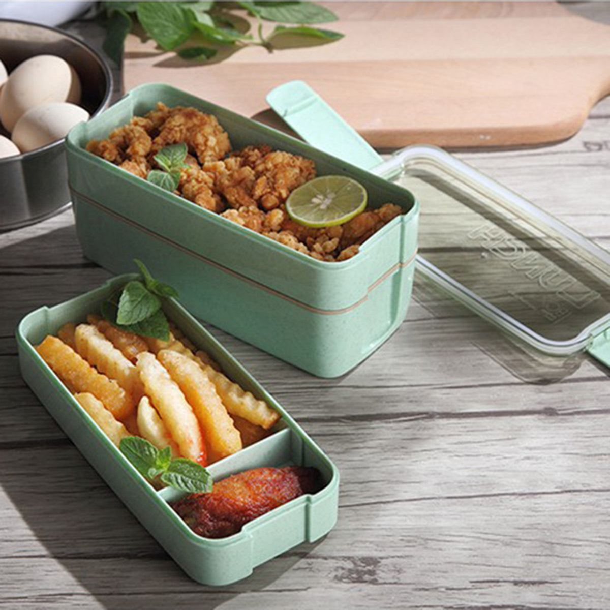 Square Double-Layer Wheat Straw Fiber Lunch Box - 3 Compartments, 900ml