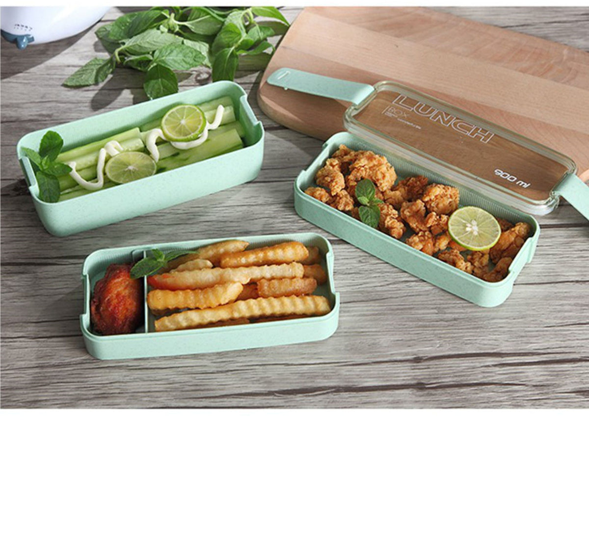 Square Double-Layer Wheat Straw Fiber Lunch Box - 3 Compartments, 900ml