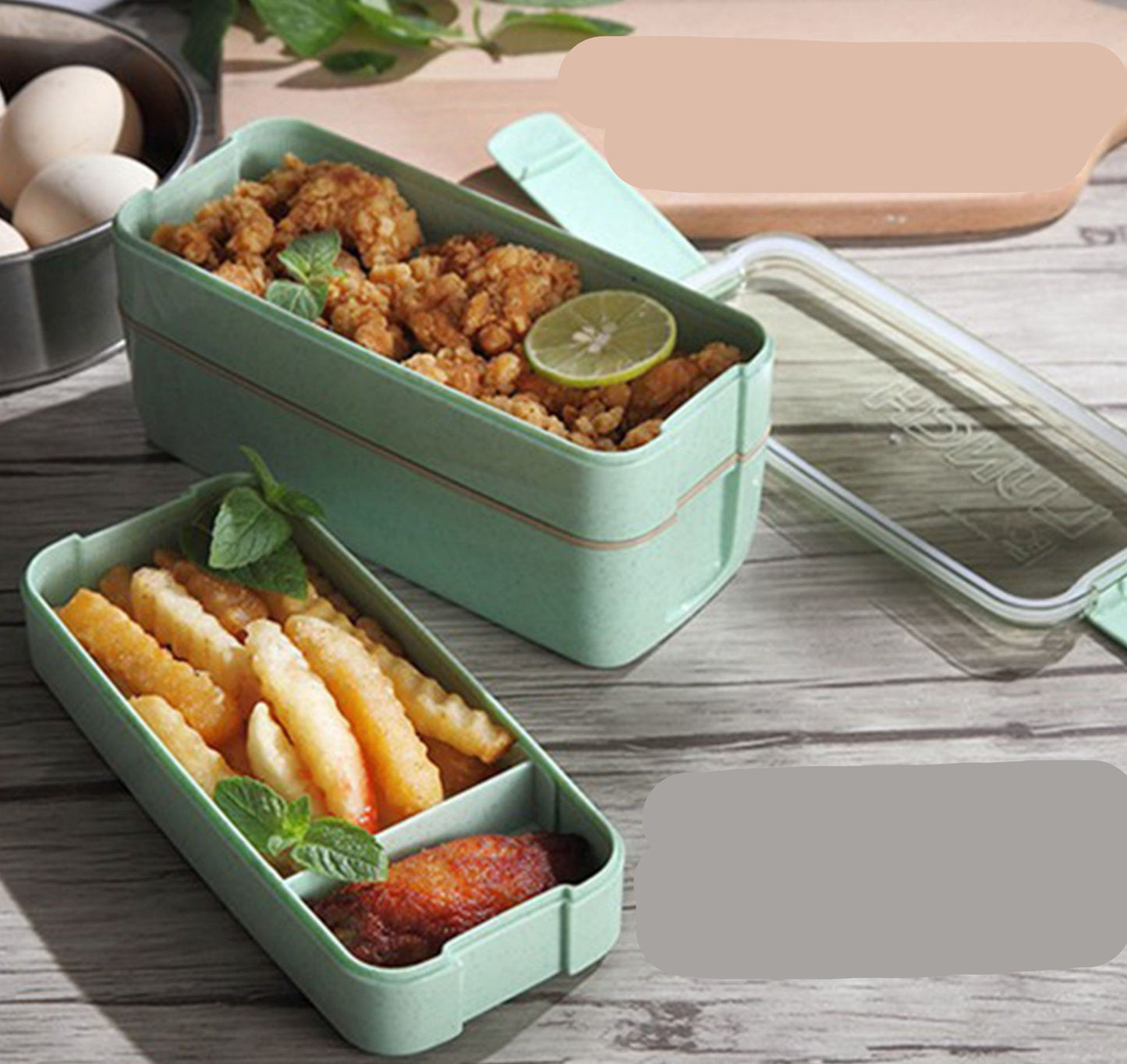 Square Double-Layer Wheat Straw Fiber Lunch Box - 3 Compartments, 900ml