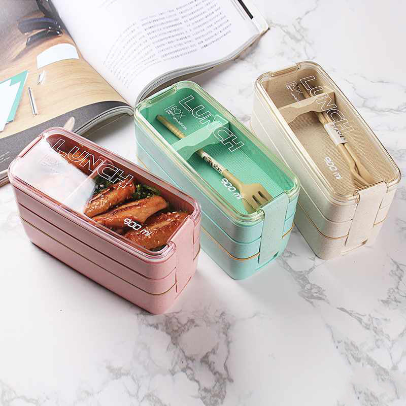 Square Double-Layer Wheat Straw Fiber Lunch Box - 3 Compartments, 900ml