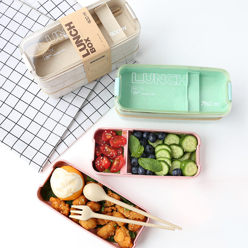 Square Double-Layer Wheat Straw Fiber Lunch Box - 3 Compartments, 900ml