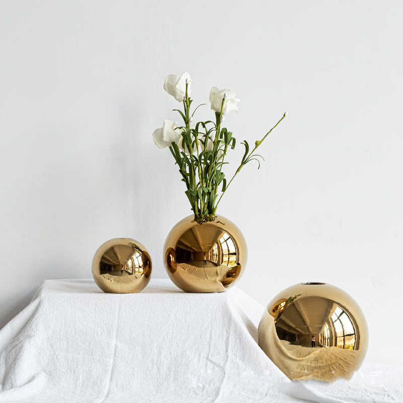 Electroplated Ceramic Gold Vase Home Decor - Handmade Light Luxury Spherical