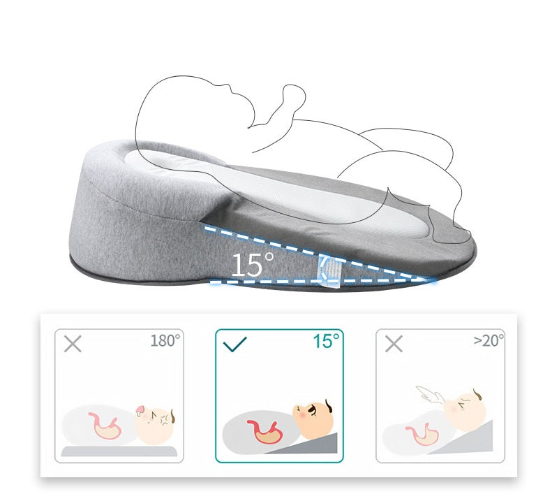 Baby Anti-Spit Milk Slope Pillow - Uterus-Shaped, Memory Foam, Light Grey