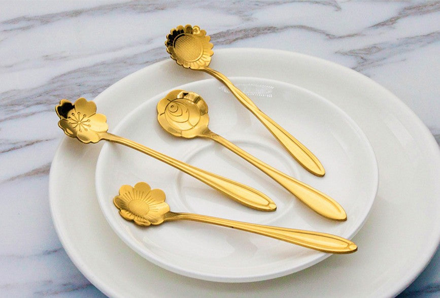 Stainless Steel Coffee Spoon with Leaf or Cherry Blossom Design - Wedding Gift Set