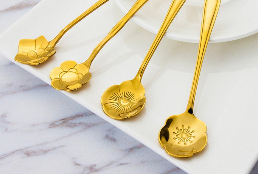 Stainless Steel Coffee Spoon with Leaf or Cherry Blossom Design - Wedding Gift Set