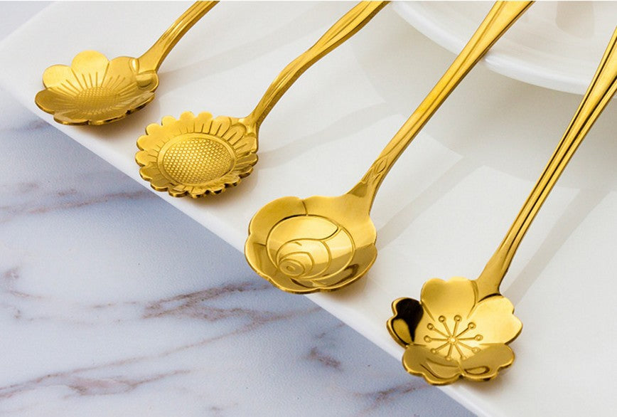 Stainless Steel Coffee Spoon with Leaf or Cherry Blossom Design - Wedding Gift Set