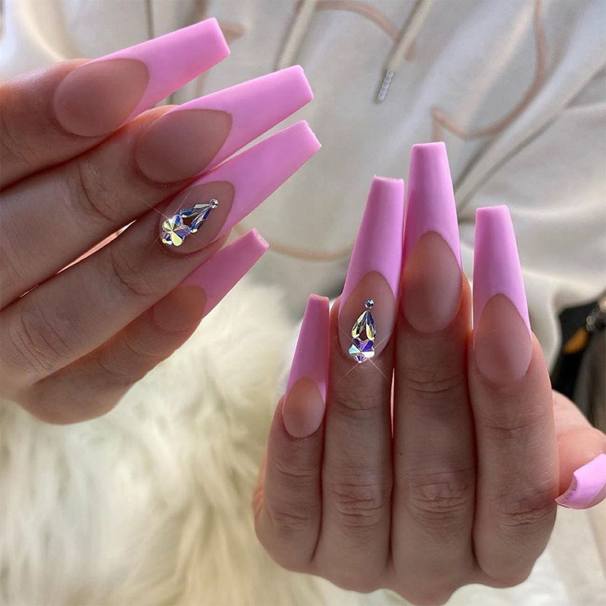 Long Nail Art Glitter Set - Peach Pink French Plum Blossom Diamond Drop Manicure