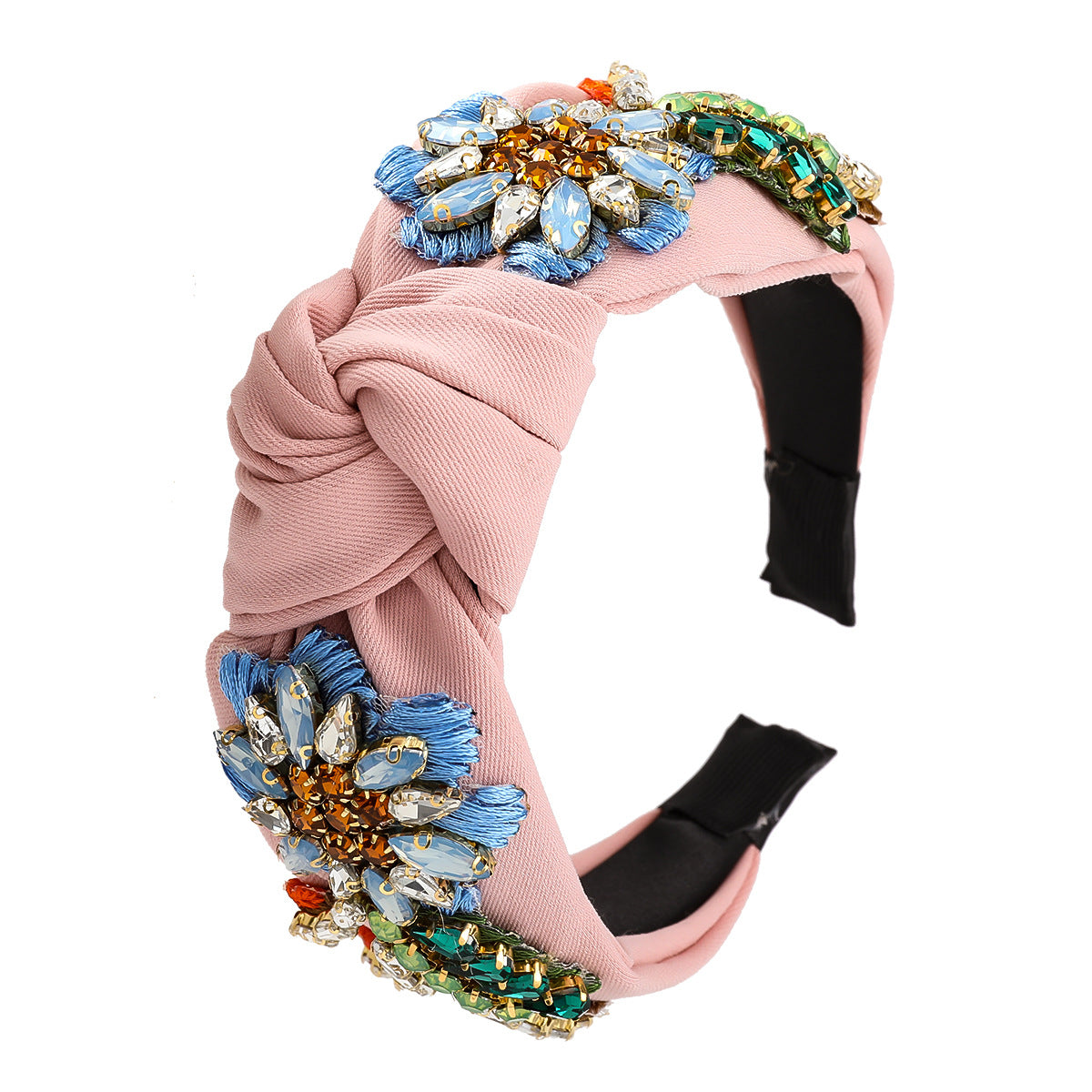 Diamond-Studded Flower Headband with Fabric Flowers for Women