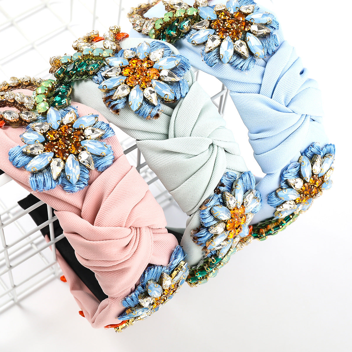 Diamond-Studded Flower Headband with Fabric Flowers for Women