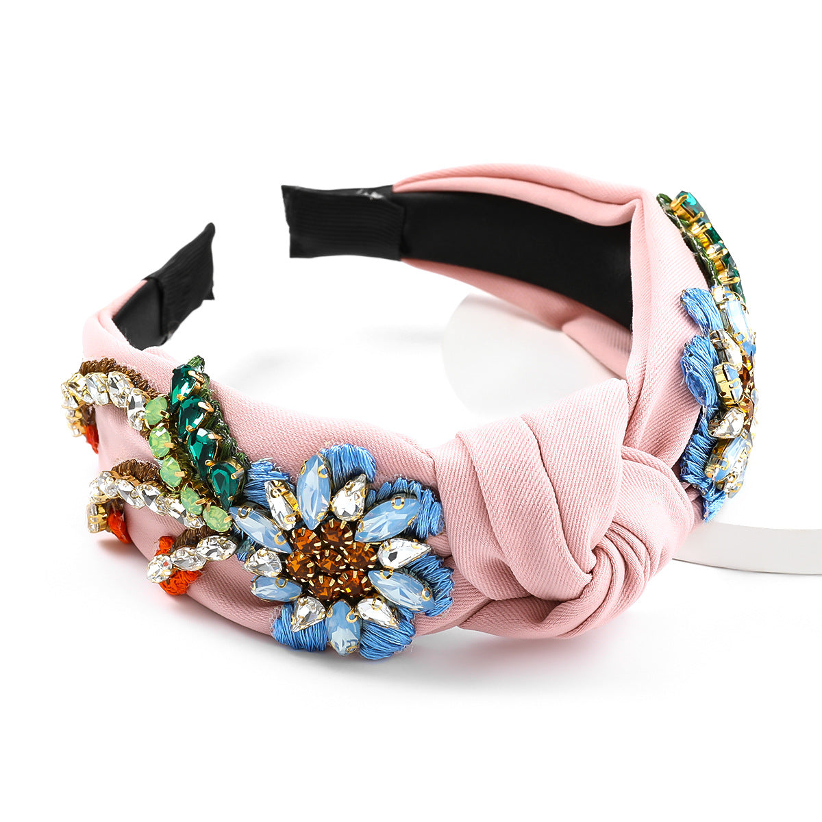Diamond-Studded Flower Headband with Fabric Flowers for Women