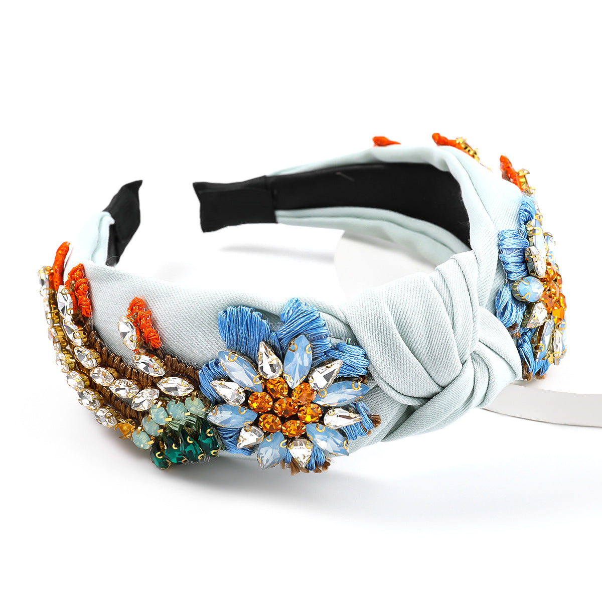 Diamond-Studded Flower Headband with Fabric Flowers for Women