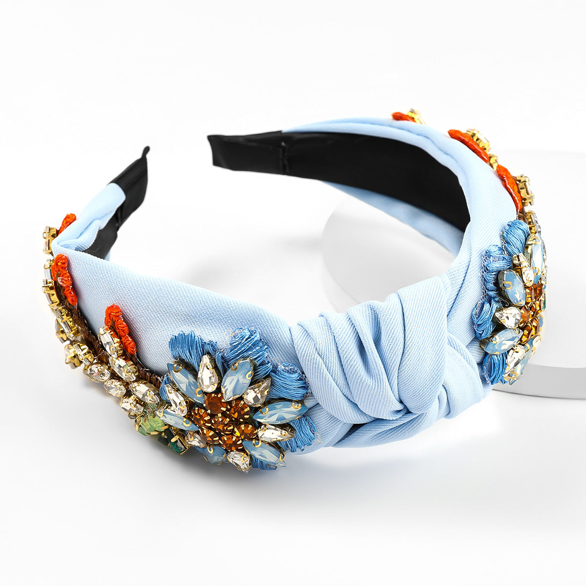 Diamond-Studded Flower Headband with Fabric Flowers for Women