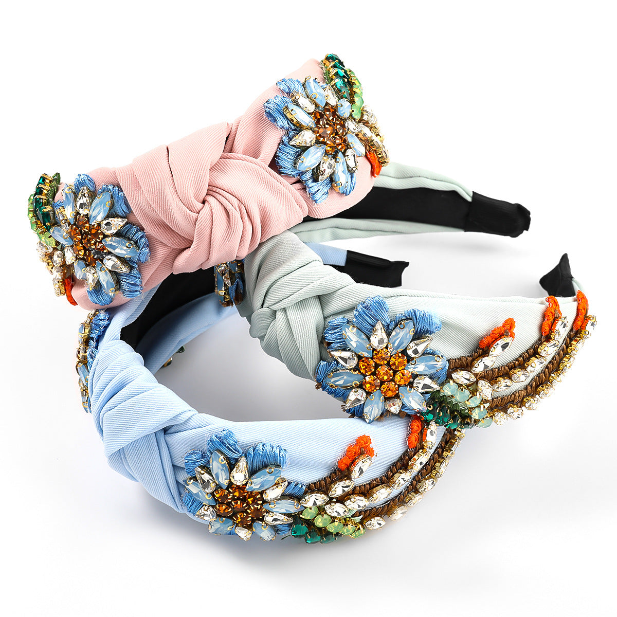 Diamond-Studded Flower Headband with Fabric Flowers for Women