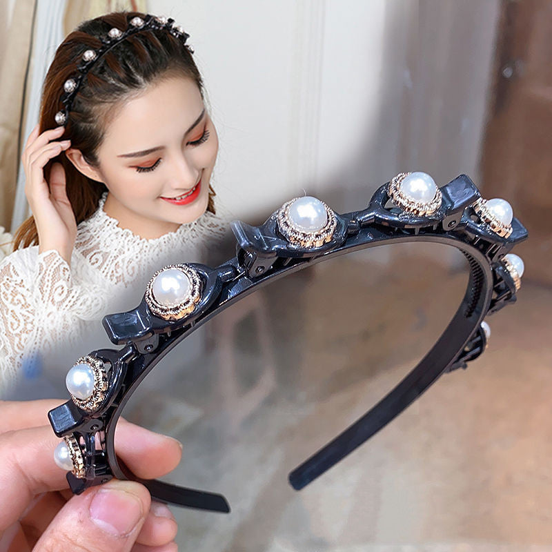 Pearl Rhinestone Hair Band with Snap Button Hairpin – U-Shape Headband