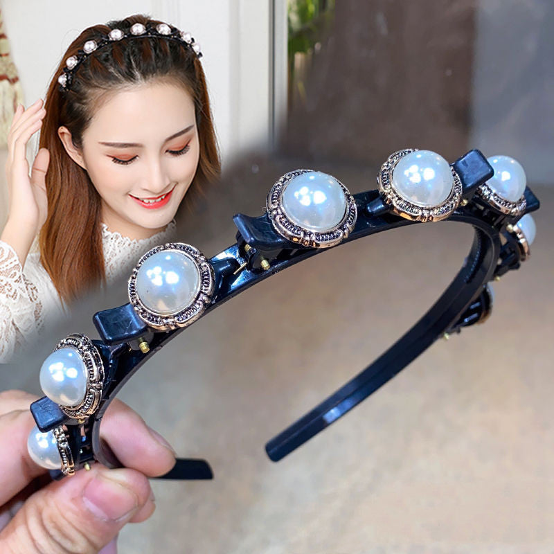 Pearl Rhinestone Hair Band with Snap Button Hairpin – U-Shape Headband