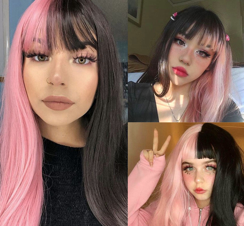 Long Synthetic Wig for Women with Gradient Black and Pink Hair - 70cm, Fashionable & Breathable