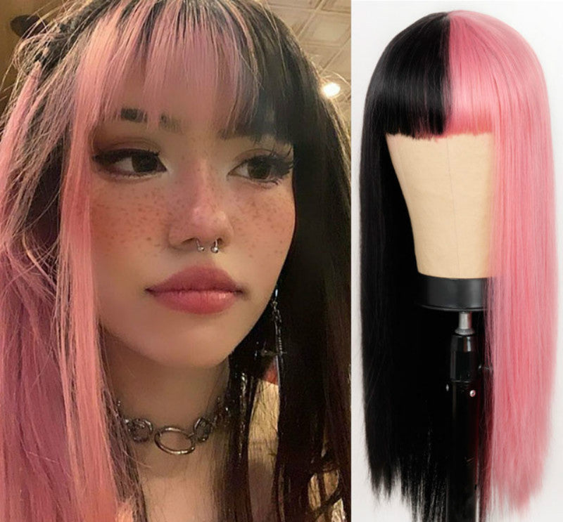 Long Synthetic Wig for Women with Gradient Black and Pink Hair - 70cm, Fashionable & Breathable