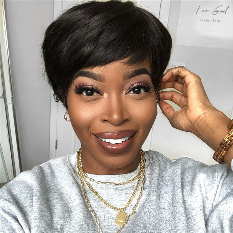 European & American Style Short Synthetic Wig for Women - Natural Black & Brown, Breathable, Slant Bangs