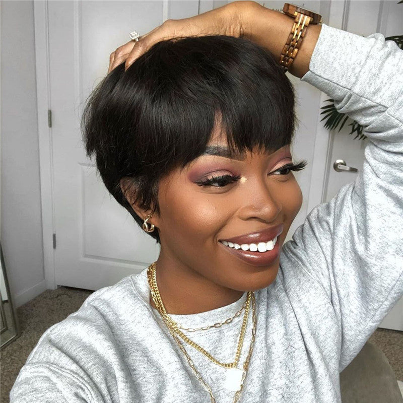 European & American Style Short Synthetic Wig for Women - Natural Black & Brown, Breathable, Slant Bangs