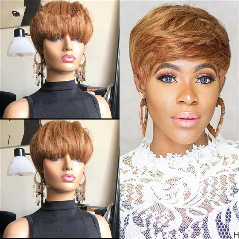 European & American Style Short Synthetic Wig for Women - Natural Black & Brown, Breathable, Slant Bangs